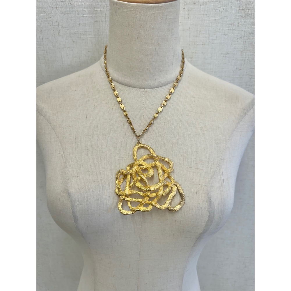 Vintage Gold Textured Abstract Statement Pendant Necklace Womens